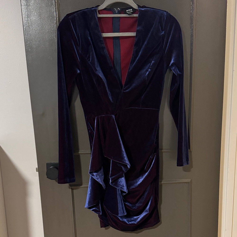 Navy Blue and Burgundy Velvet Long Sleeve Dress